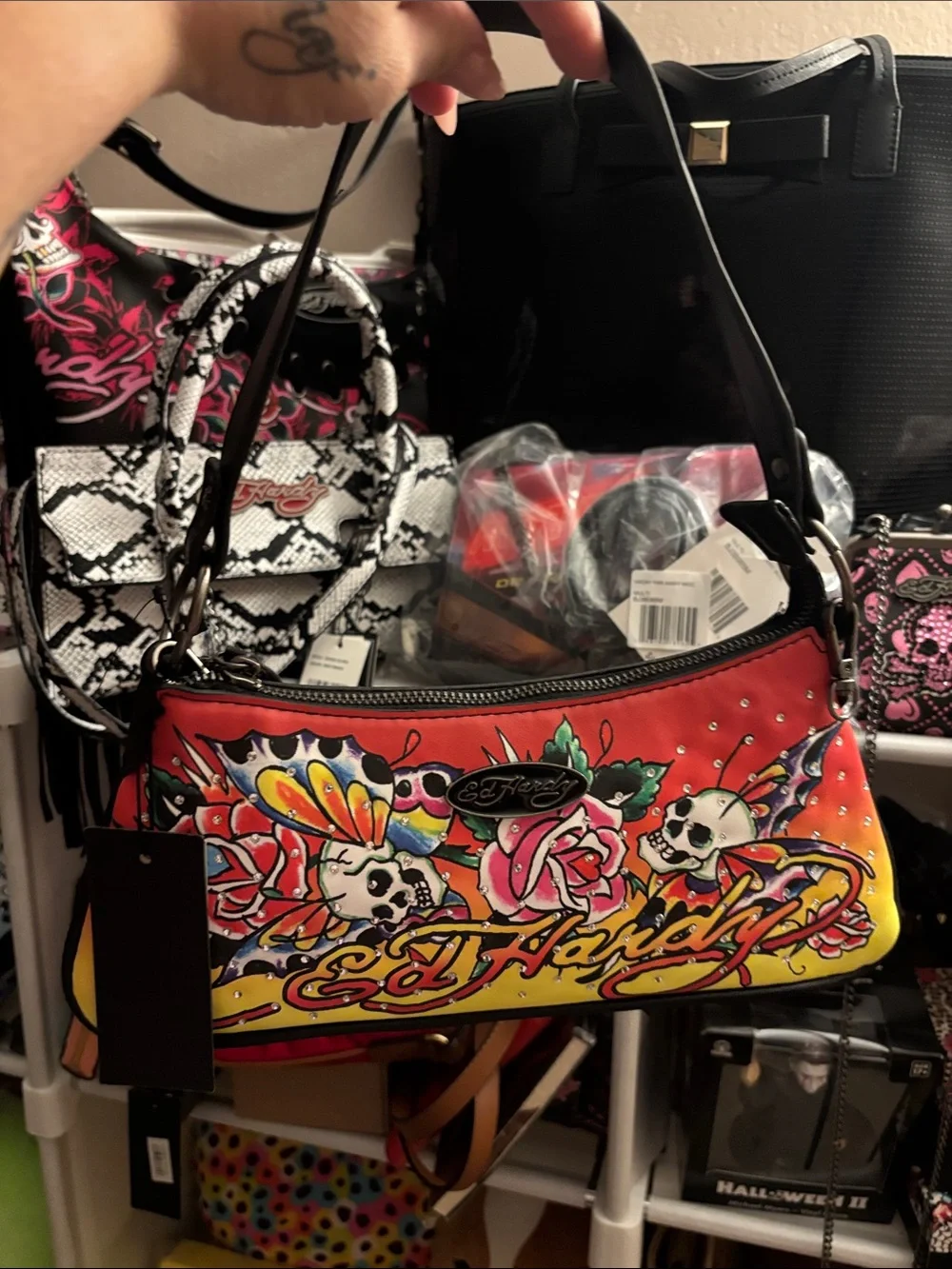 Ed Hardy Red Yellow Floral Skull Shoulder Bag